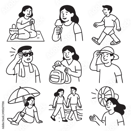 Enjoy sunny day with various activities depicted in this illustration, showcasing people relaxing, walking, and enjoying ice cream, all while embracing warmth of summer