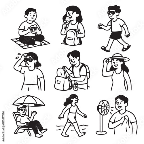 Enjoying summer activities, people are depicted engaging various outdoor leisure activities like eating, walking, and relaxing sun. illustrations capture essence of summer fun and relaxation