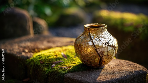Kintsugi, the art of embracing imperfection, displayed on a unique ceramic vase. The piece is adorned with gold-filled cracks, sitting peacefully in a moss-covered garden setting.