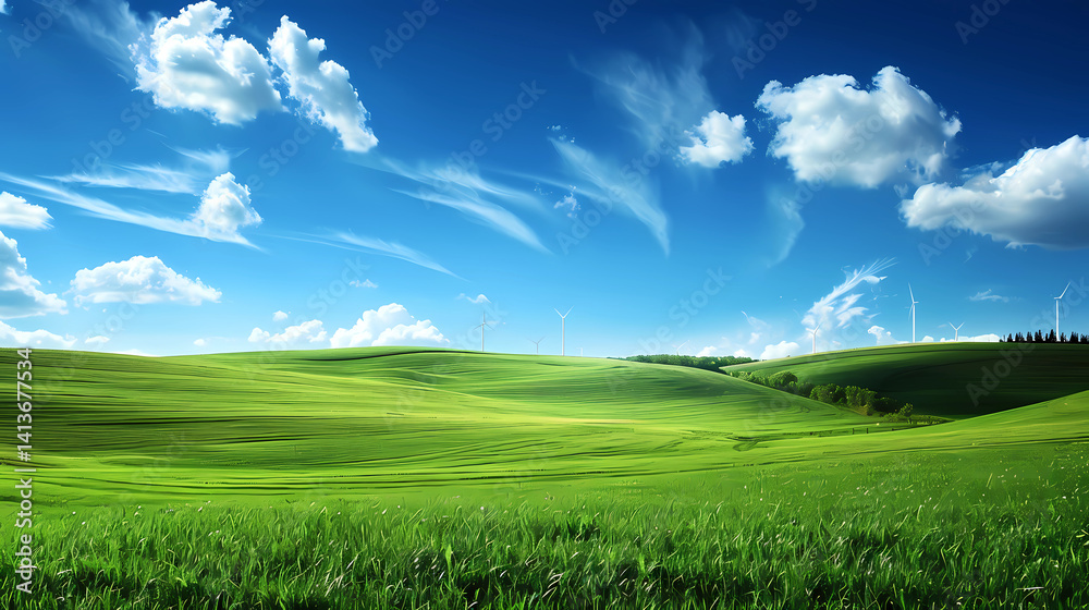 Fototapeta premium Vast green meadow under a bright blue sky with clouds, symbolizing nature and clean environment.