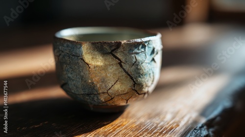 A close-up photo of an antique blue teacup, crazed with age and with a rustic wooden table in the background. The sunlight illuminates the intricate crackled patterns of the teacup.