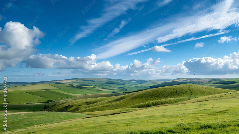 Fototapeta premium Vast green meadow under a bright blue sky with clouds, symbolizing nature and clean environment.