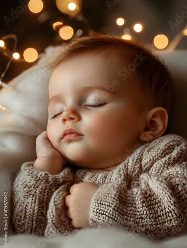 Peaceful Sleeping Baby Surrounded by Warm Relaxing Twinkling Lights