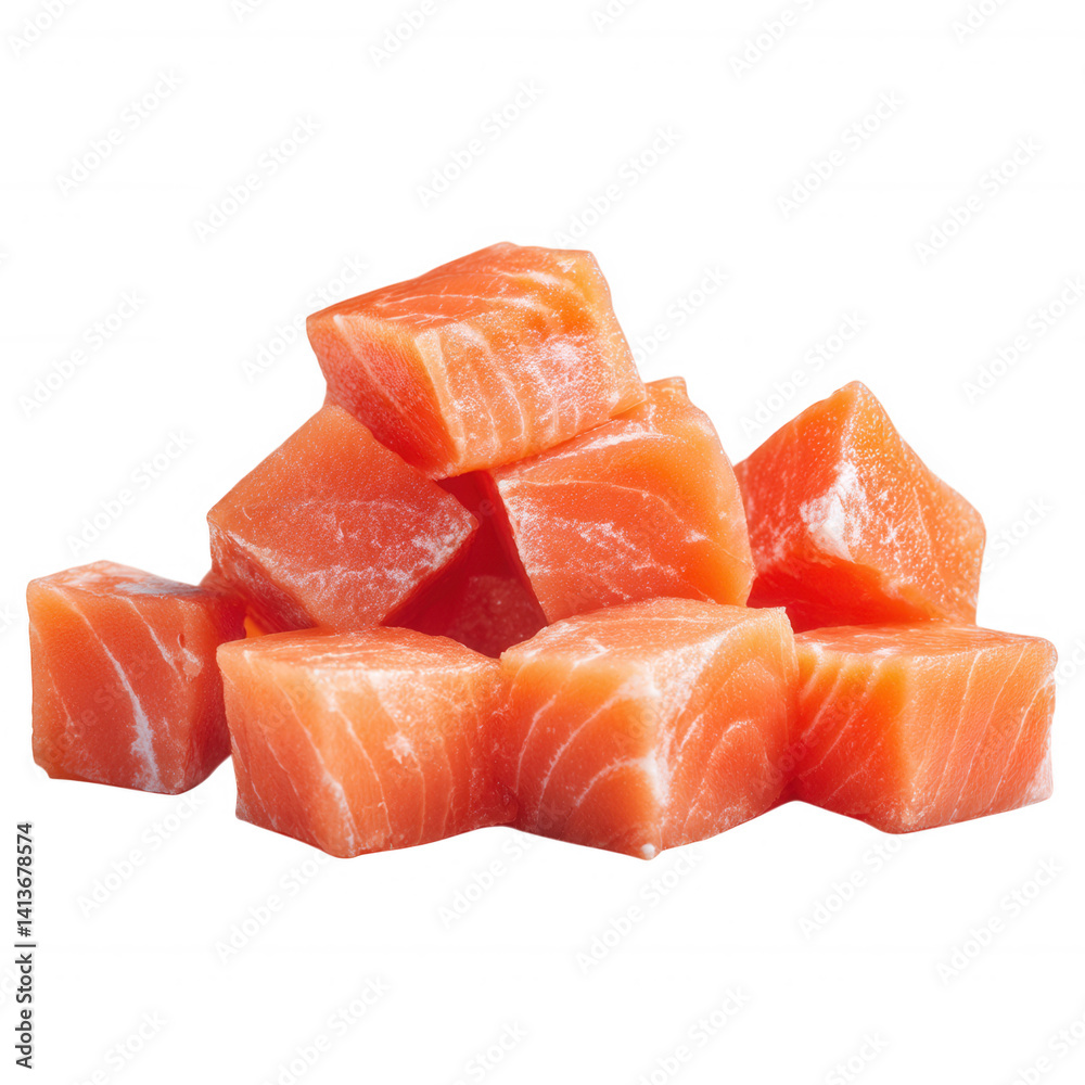 Fresh Raw Salmon Meat Cubes Dice for Sushi and Sashimi Isolated Transparent Background Fresh Raw Salmon Meat Cubes Dice for Sushi and Sashimi Isolated Transparent Background