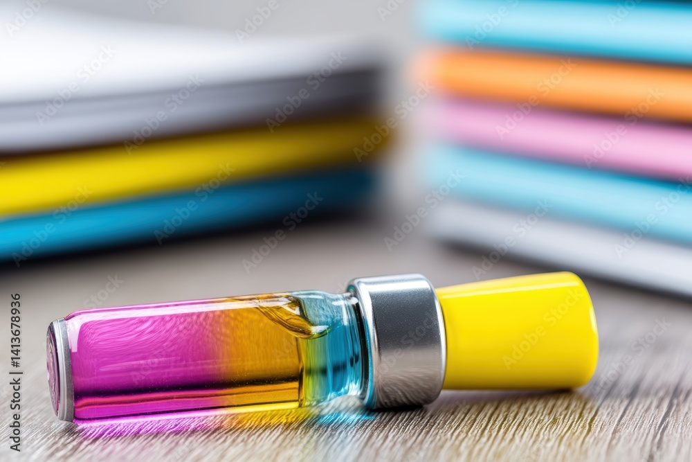 Fototapeta premium Horizontal close up of vibrant pink and golden liquid in glass vial on wood with blurred background