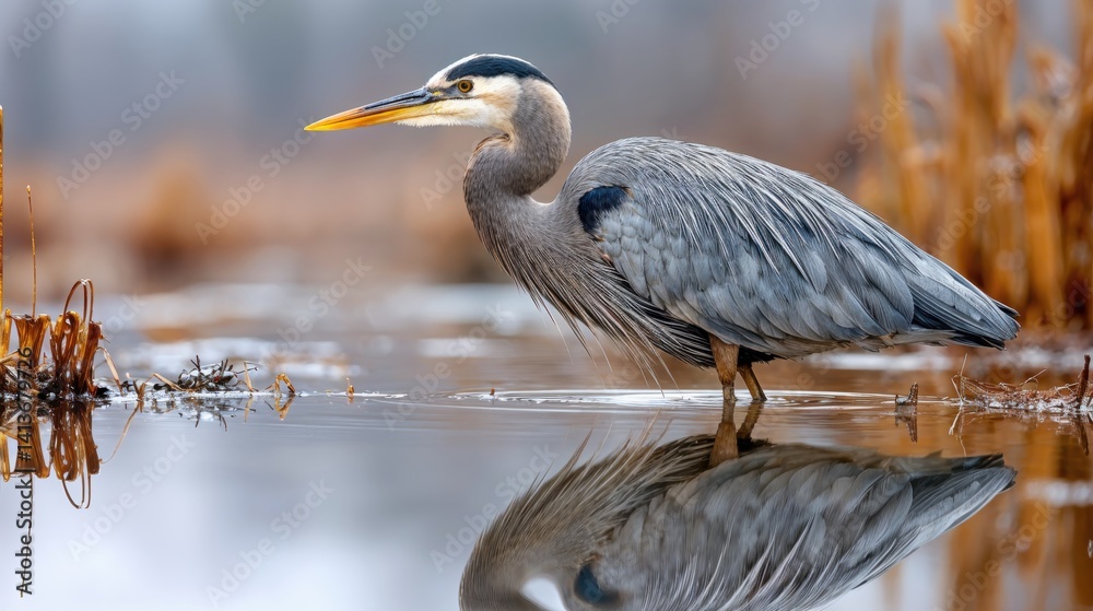 Fototapeta premium A stunning heron stands still in calm waters, its reflection mirrored on the surface, surrounded by golden reeds under a soft morning light. The serene atmosphere invites peace.