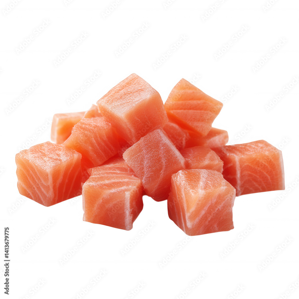 Fresh Raw Salmon Meat Cubes Dice for Sushi and Sashimi Isolated Transparent Background Fresh Raw Salmon Meat Cubes Dice for Sushi and Sashimi Isolated Transparent Background