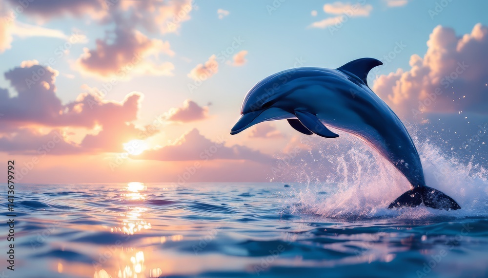 Fototapeta premium Dolphin's Sunset Leap: A Serene Ocean Scene