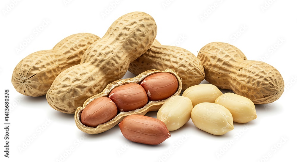Raw peanuts with shell and some without shell next to them, on a white background