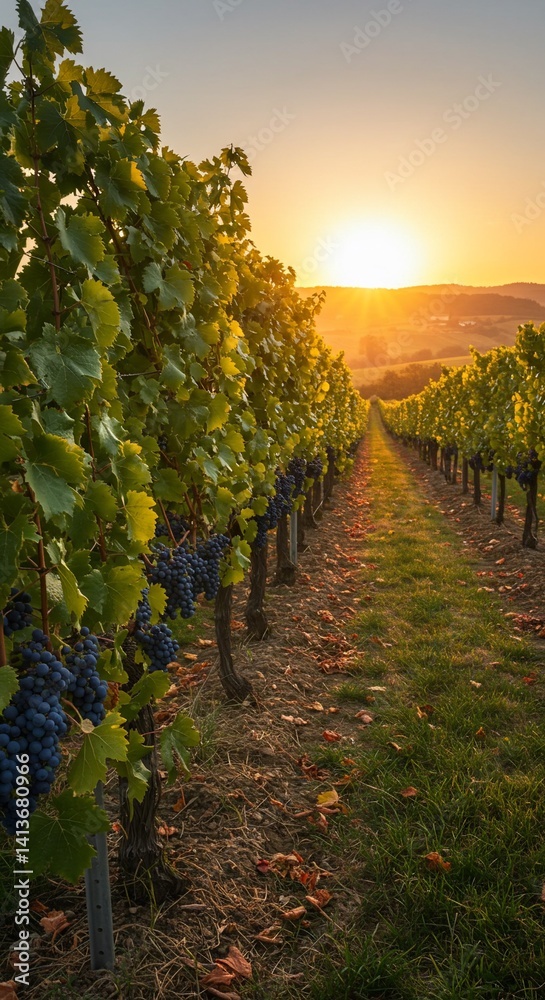 Naklejka premium Vineyard row with grapes at sunset.