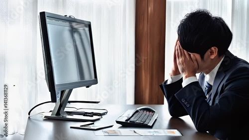 PCの前で頭を抱えるスーツの男性