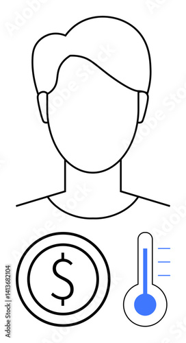 Minimalistic head outline accompanied by a dollar sign and thermometer icon. Ideal for health, finance, economy, budgeting, wellbeing, medical assessments, and simple landing page
