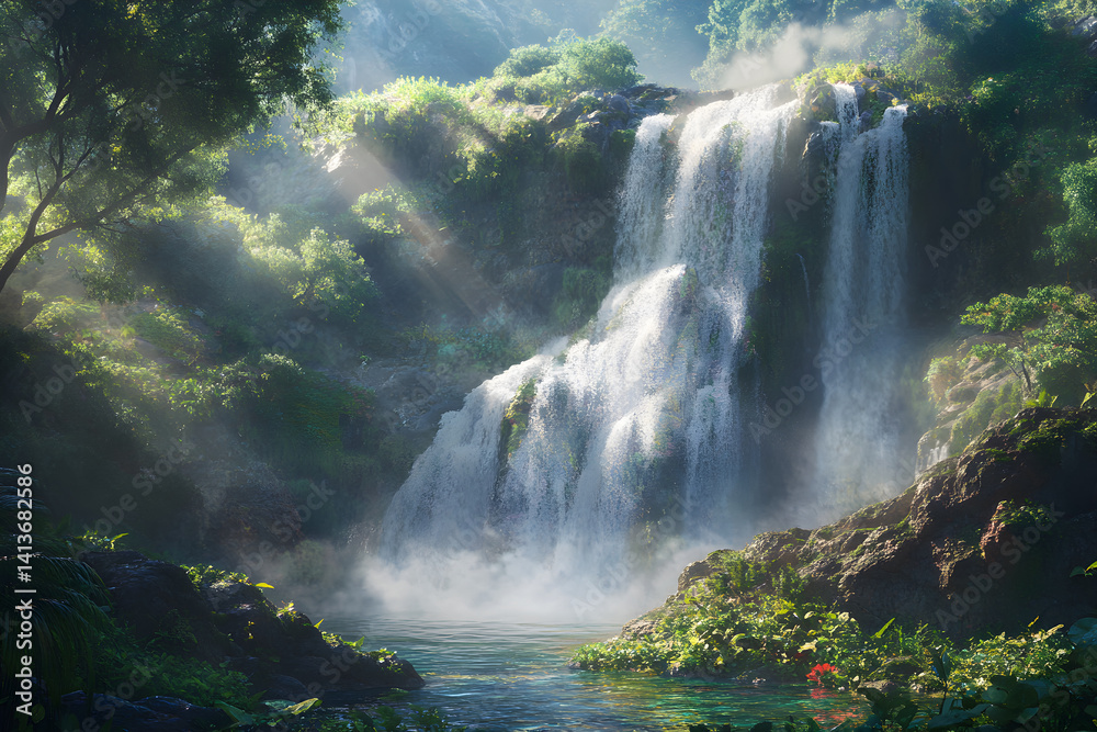 Fototapeta premium Majestic Echoes: Enigmatic Waterfall's Dance in Whispering Woods Amidst Nature's Symphony