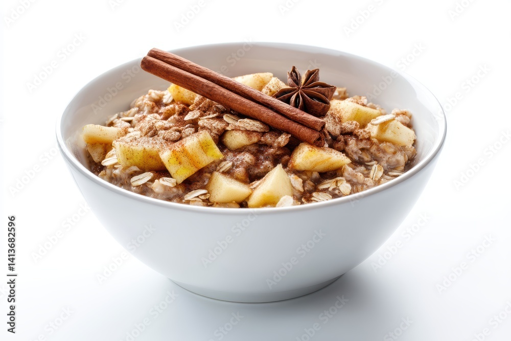 Creamy apple oatmeal bowl with cinnamon sticks and star anise topping healthy breakfast on white table Creamy apple oatmeal bowl with cinnamon sticks and star anise topping healthy breakfast on white table