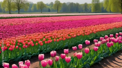Pink tulips bloom in endless rows beneath a bright springtime sky