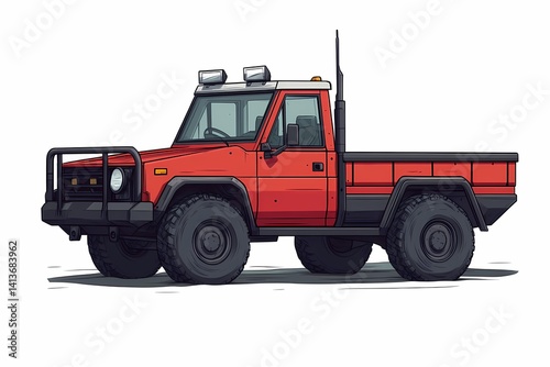 Adventure-Ready Red Pickup Truck Illustration: Rugged Off-Road Vehicle Design with Diesel Engine and Classic Truck Charm