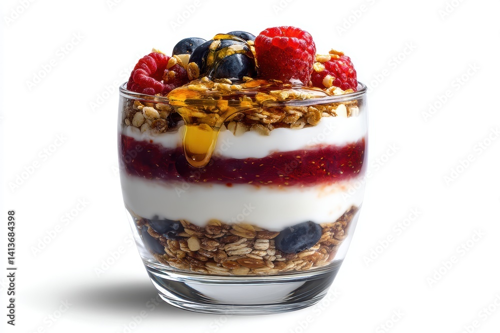 Delicious parfait with granola berries yogurt jam and dripping honey in glass against white backdrop Delicious parfait with granola berries yogurt jam and dripping honey in glass against white backdrop