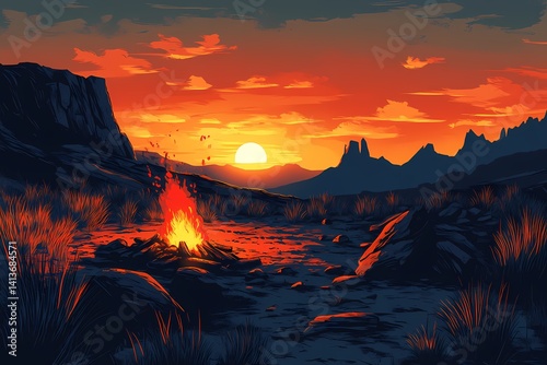 Picturesque Mountain Camping Adventure at Sunset with Campfire Silhouette in Wilderness Scenery