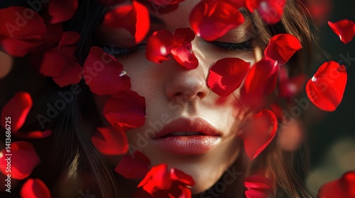 Woman surrounded by red rose petals