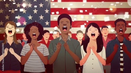 4th July background with people singing the national anthem, showing unity and pride, heartfelt atmosphere