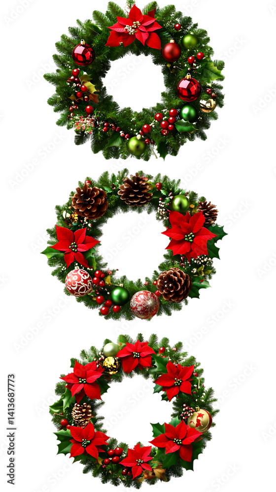 Realistic Christmas Wreaths with Greenery Red Berries and Pinecones Isolated Realistic Christmas Wreaths with Greenery Red Berries and Pinecones Isolated