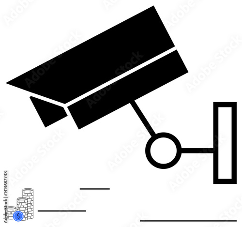 Large surveillance camera symbol above stacks of coins, suggesting monitoring monetary activities. Ideal for finance, privacy, security, technology, banking, data tracking vigilance. Flat simple