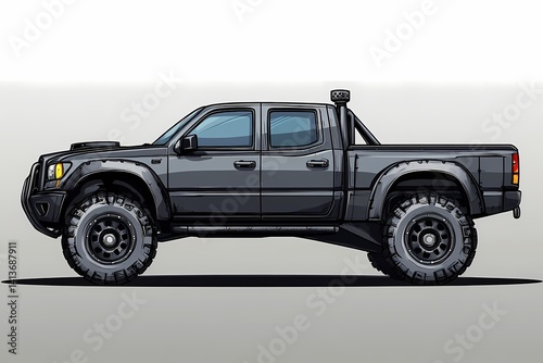 Conceptual Black Pickup Truck: Detailed Automotive Illustration and Modern Vehicle Design with Rugged Off-Road Capabilities