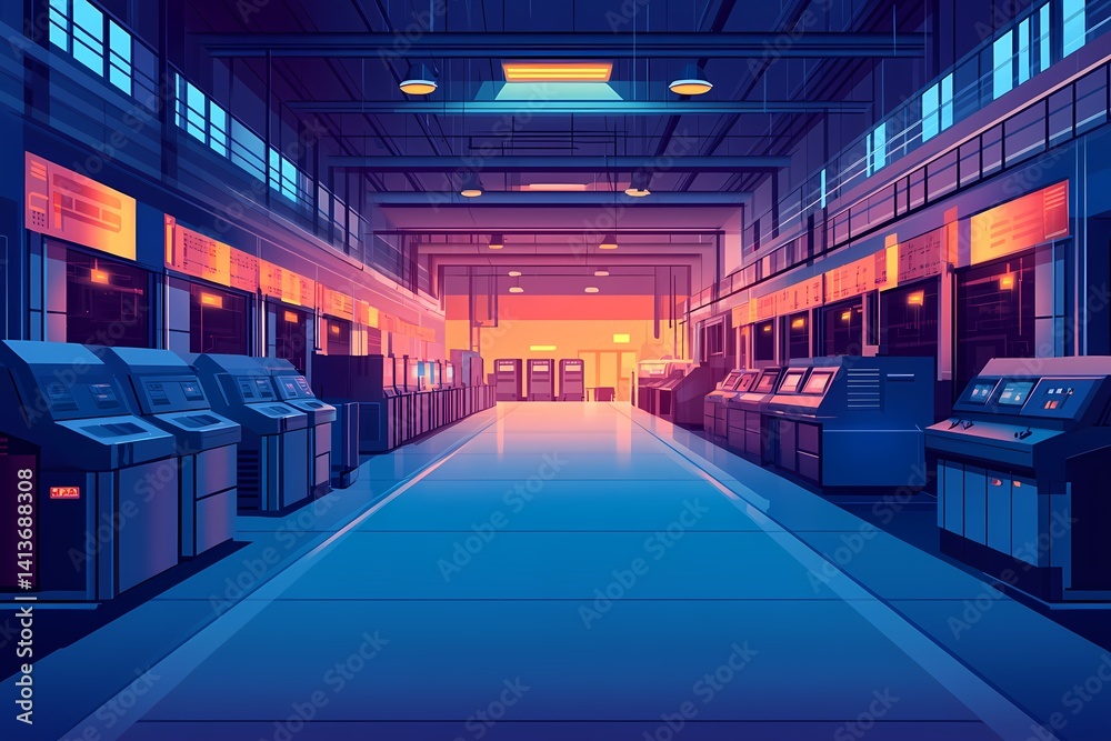Fototapeta premium Modern Industrial Interior Design with Neon Colors and High-Tech Machinery in a Futuristic Factory Space