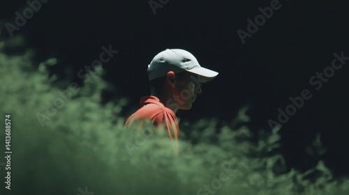 Young golfer walks through lush greenery on a sunny day in a serene setting, focusing on his next shot.