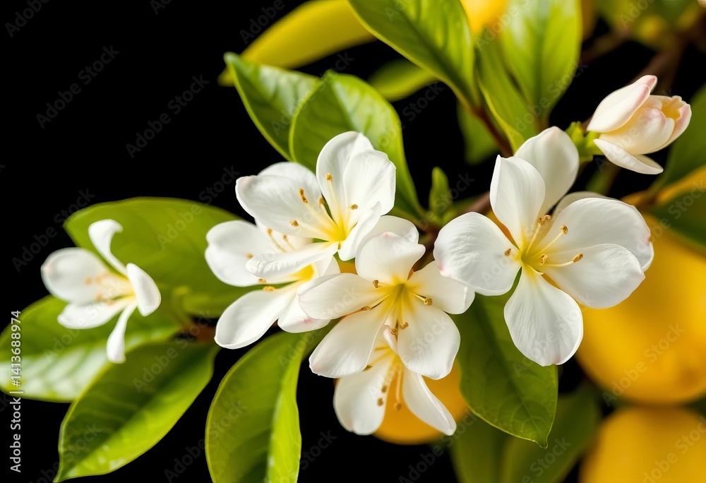 Obraz premium Fragrant lemon blossoms & leaves, isolated on black, vibrant, bloom
