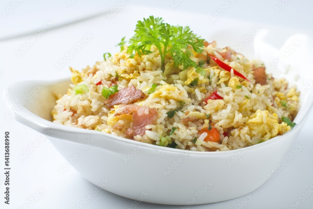Delicious Asian Fried Rice with Egg and Bacon in a Stylish White Bowl Ready to be Served Delicious Asian Fried Rice with Egg and Bacon in a Stylish White Bowl Ready to be Served