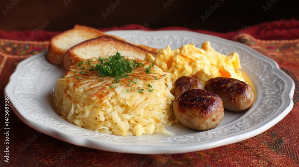 Hearty breakfast on ornate plate featuring hash browns toast scrambled eggs and sausage links Hearty breakfast on ornate plate featuring hash browns toast scrambled eggs and sausage links