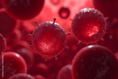 3D Virus and Red Blood Cells in Bloodstream