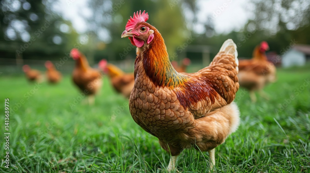 Fototapeta premium A free-range chicken farm with hens pecking naturally in an open field,