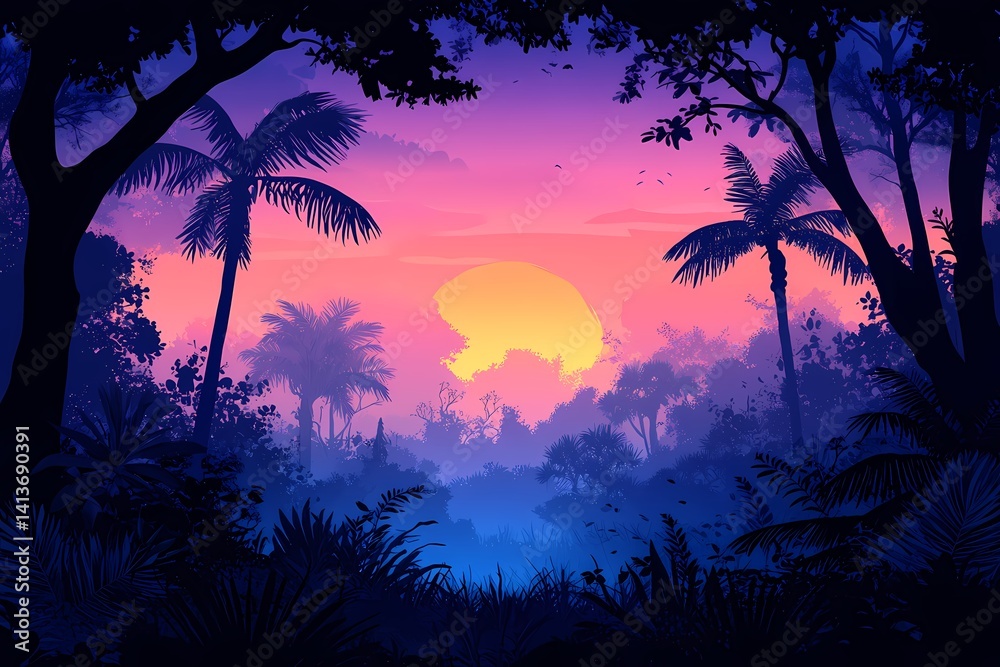 Fototapeta premium Vibrant Palm Trees Silhouette Against Exotic Sunset Sky: A Serene Nature Landscape and Colorful Twilight Adventure