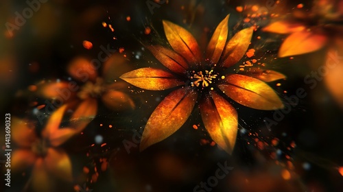 Floral composition with incandescent petals, glowing embers, and blurred depth