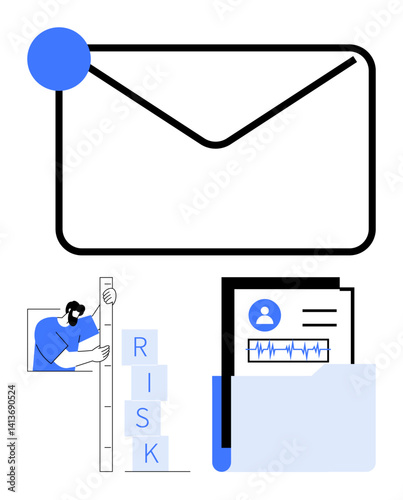 Large mail envelope with notification, professional assessing risk levels, document folder with profiles. Ideal for communication, analysis, security, governance, workflow, management simple landing