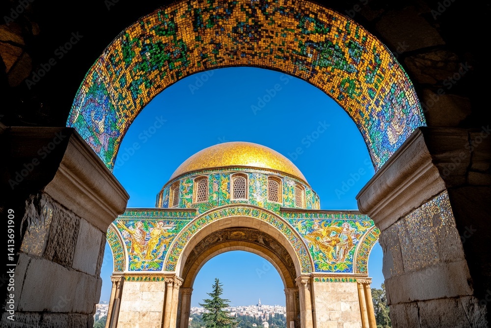 Obraz premium A beautiful Byzantine-style dome inside an ancient church, covered in intricate golden mosaics