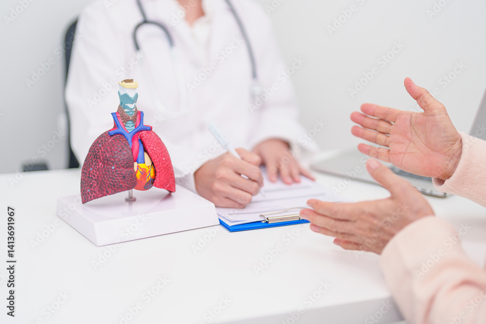 Fototapeta premium Doctor with Respiratory system. Elderly Patient consultation medical health for Lung Cancer, Asthma, Chronic Obstructive Pulmonary, Bronchitis, Emphysema, Cystic Fibrosis, Bronchiectasis, Pneumonia