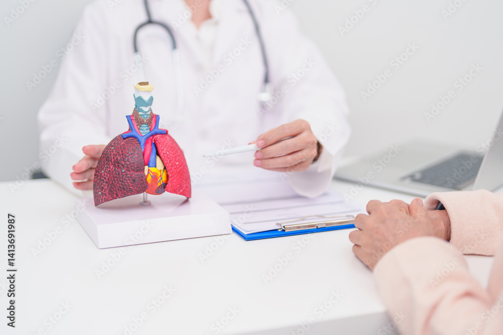 Fototapeta premium Doctor with Respiratory system. Elderly Patient consultation medical health for Lung Cancer, Asthma, Chronic Obstructive Pulmonary, Bronchitis, Emphysema, Cystic Fibrosis, Bronchiectasis, Pneumonia