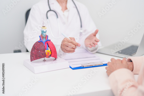 Doctor with Respiratory system. Elderly Patient consultation medical health for Lung Cancer, Asthma, Chronic Obstructive Pulmonary, Bronchitis, Emphysema, Cystic Fibrosis, Bronchiectasis, Pneumonia