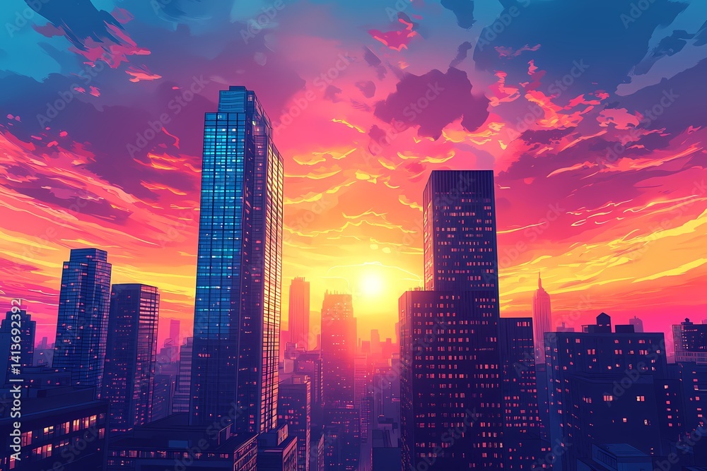 Fototapeta premium Vibrant Urban Cityscape at Sunset: Captivating Skyscrapers and Neon Lights in a Scenic Metropolis