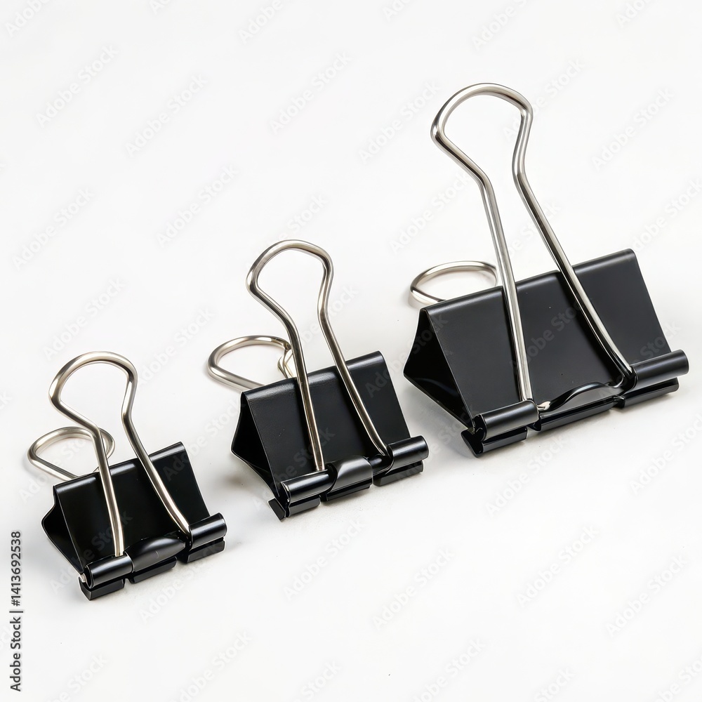 Three black binder clips of varying sizes arranged together on a white background. Three black binder clips of varying sizes arranged together on a white background.