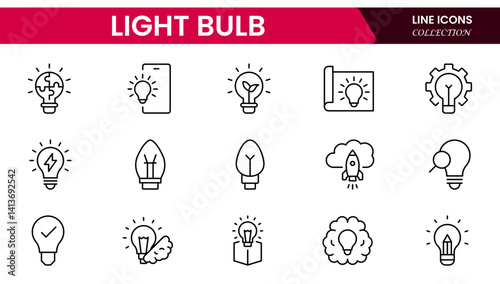 Vector illustration web line icon collection showcasing light bulb designs representing ideas, innovation, creativity, energy, solutions, thinking, inspiration, technology, brightness, and invention.