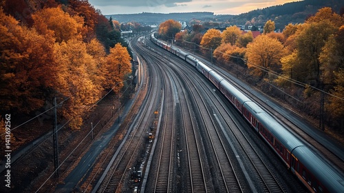 Train moving along scenic rail tracks in trier, rheinland-pfalz, germany photo
