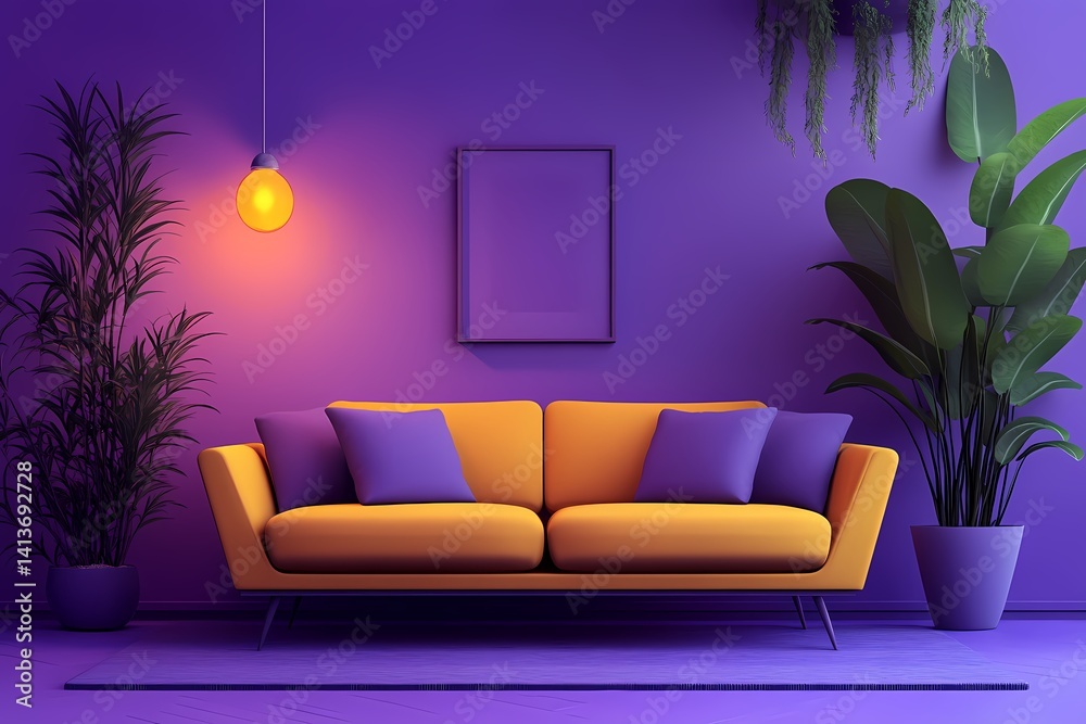Obraz premium purple Sofa and Modern Interior Design with Vibrant Home Decor and Cozy Ambiance