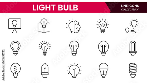 Vector illustration web line icon collection showcasing light bulb designs representing ideas, innovation, creativity, energy, solutions, thinking, inspiration, technology, brightness, and invention.