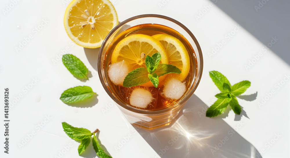 Refreshing Iced Tea With Lemon And Mint On Bright Surface Refreshing Iced Tea With Lemon And Mint On Bright Surface