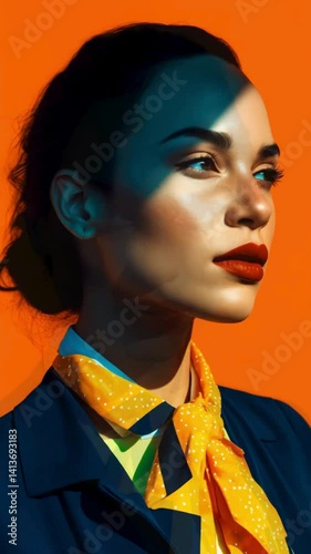 ethnic woman turning talking stewardess flight attendant makeup cosmetics fashion model orange background dramatic studio lighting sunlight shadows 