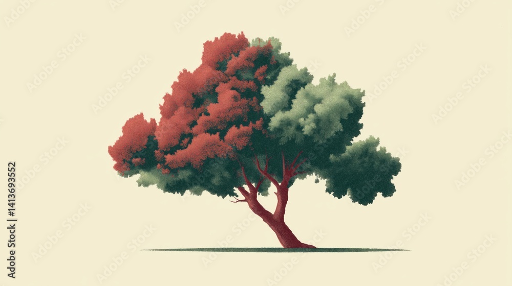 Unique two-tone tree displaying vibrant red and green foliage against a soft, neutral background.
